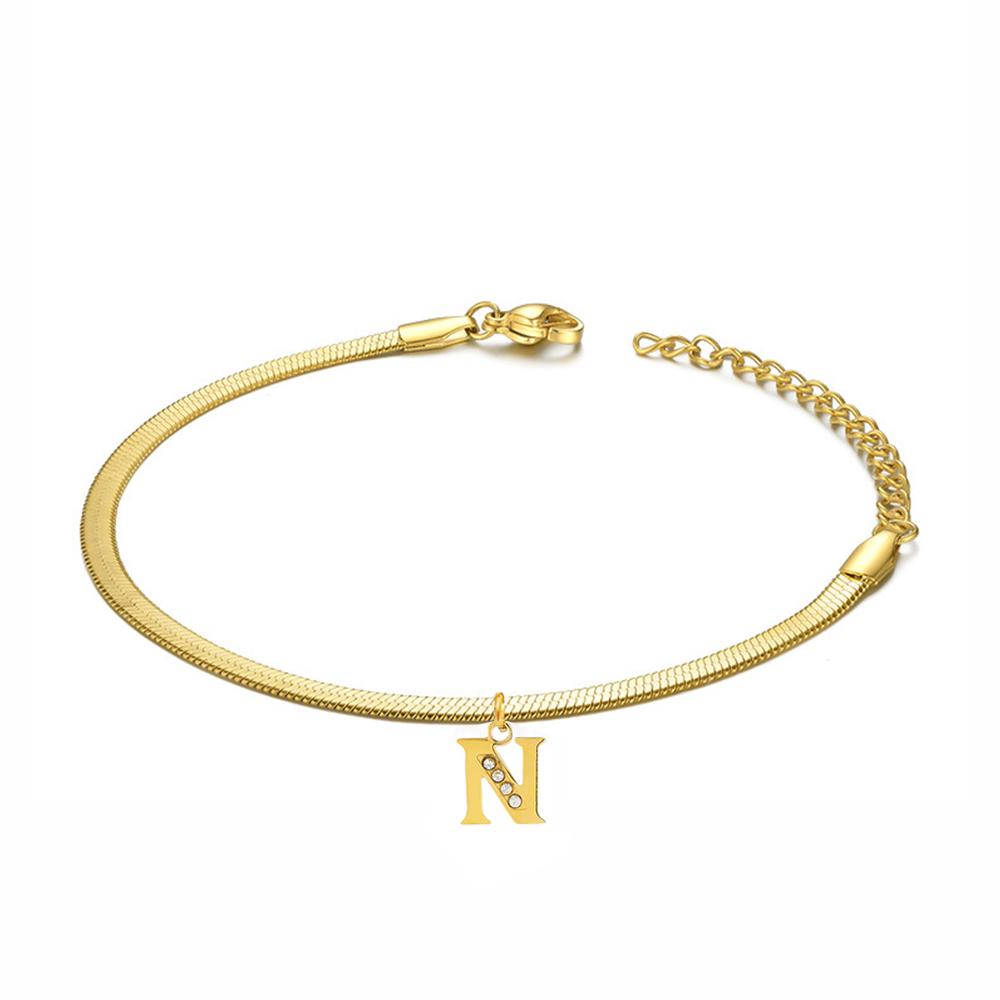 Punk 3mm Flat Snake Chain Bracelet Female Gold Color Stainless Steel Alphabet Initial Letter Charm Bracelet for Women Jewelry