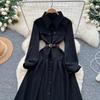 French Light Maturity Minimalist Retro Lapel Long Sleeve Single Button Waist Cinching Dress Women Autumn Slim Fit Elegant Maxi Dresses