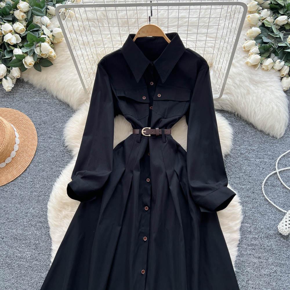 French Light Maturity Minimalist Retro Lapel Long Sleeve Single Button Waist Cinching Dress Women Autumn Slim Fit Elegant Maxi Dresses