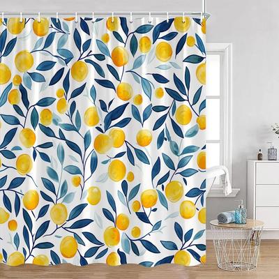 Tropische Frucht Duschvorhänge Gelbe Zitrone Blau Aquarell Blätter Badevorhang Set Polyestergewebe Badezimmerdeko mit Haken