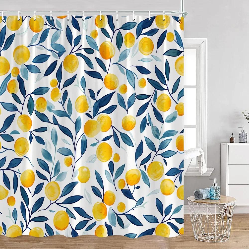 Tropical Fruit Shower Curtains Yellow Lemon Blue Watercolour Leaves Bath Curtain Set Polyester Fabric Bathroom Decor with Hooks
