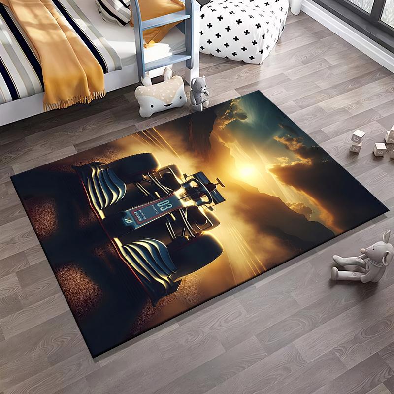 Flannel Rug, Formula 1 Race Car Number 03 on Winding Mountain Road Golden Sunrise, Soft Carpet for Adult Man Cave Game Room, Racing Fan Gift