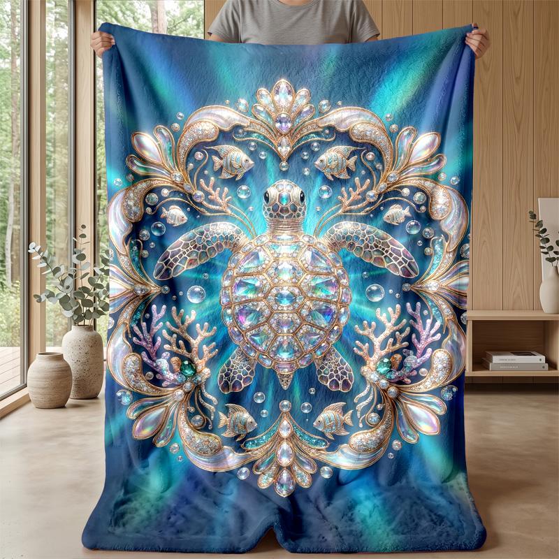 Oceanic Jeweled Turtle 1 Theme Blanket Lightweight Warm Flannel Blanket Decorative Throw Blanket for Home Decoration