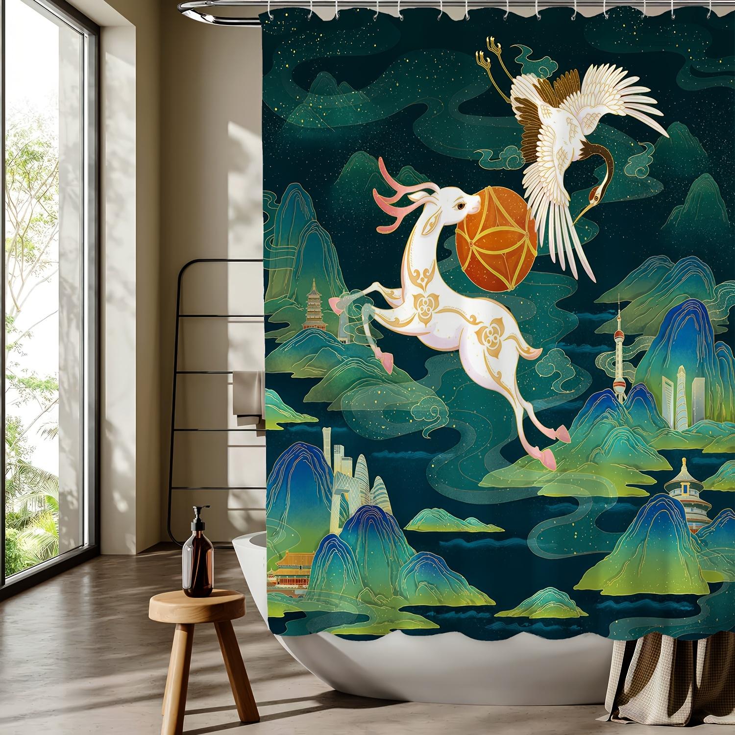 

Chinese Style Landscape Animal Pattern Digital Print Shower Curtain - Machine Washable, All-Season Bathroom/Home Decor W60H190(CM)-1 Pcs