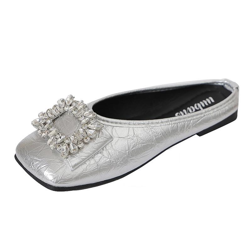 

French rhinestone bag head half slippers women s 2025 summer new flat bottom square head Mary Jane fashion cool slippers women 40 срібний