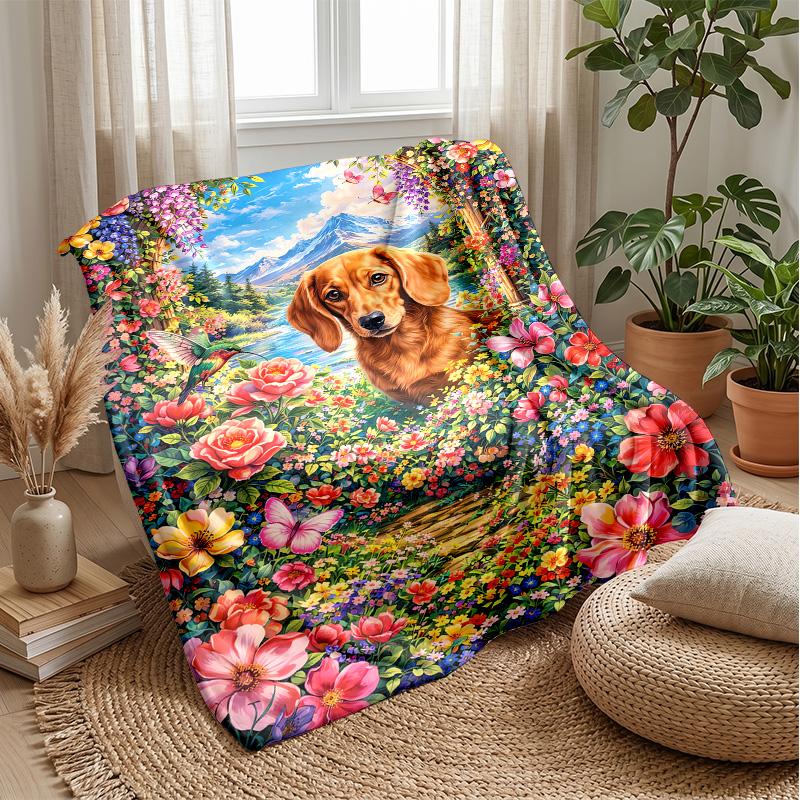 Dog and Flower Pattern Theme Blanket Lightweight Warm Flannel Blanket Decorative Throw Blanket for Home Decoration