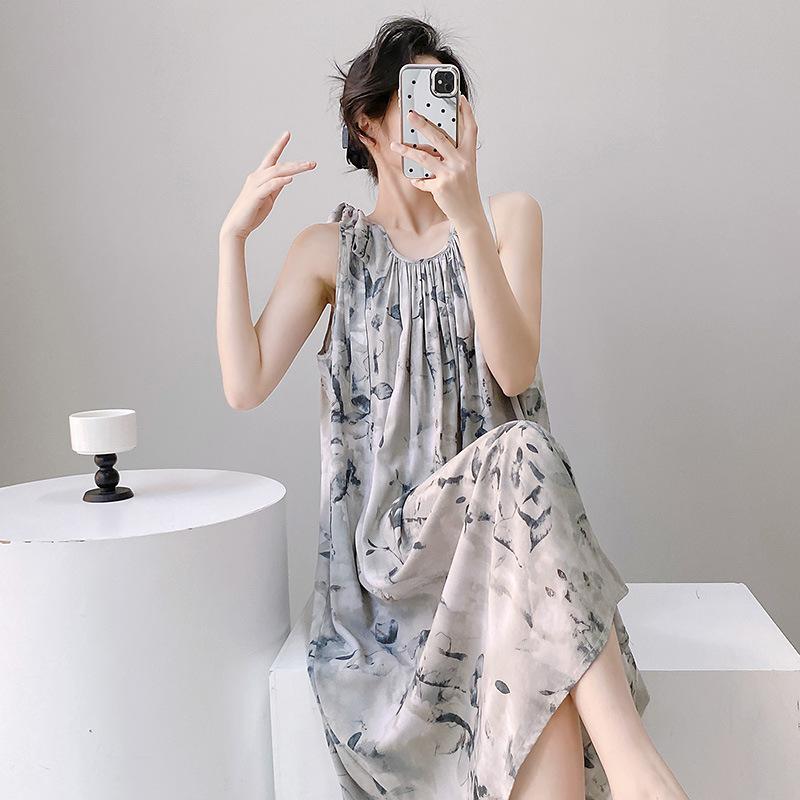 Cotton and silk nightgown women's summer 1011 new high-end vacation style long dress, sleeveless pajamas and loungewear in spring and autumn