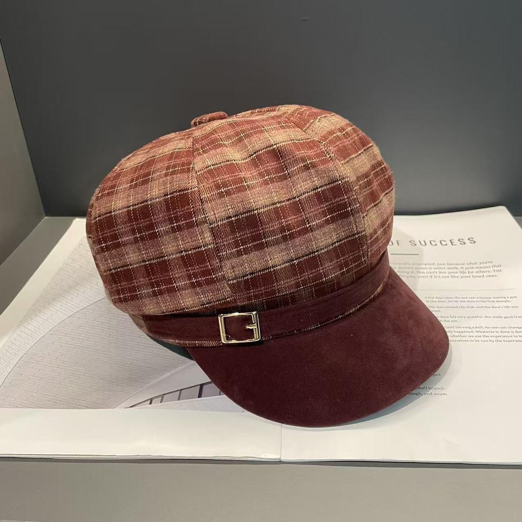 Korea's New Autumn and Winter Woolen Octagonal Hat for Women Plaid Large Head Circumference   Face Showing  Small Suede Painter's Hat