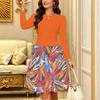 Women Long Sleeve Round Neck Midi Dress Abstract Ink Wash Floral Wave Print Flared Casual Dress