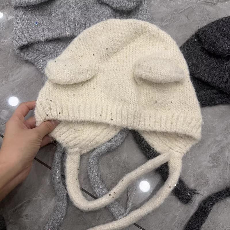 Custom-woven and Dyed Starry Sky Sequins Wool-blended Bear Ears Knitted Ear Protection Hat Women's Autumn and Winter Wool Hat Baotou Hat