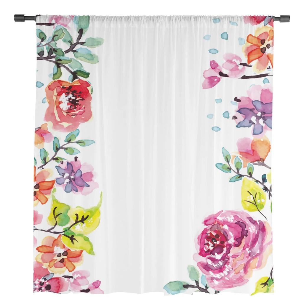 Flower Art Watercolor Rose Sheer Curtains for Bedroom Living Room Voile Window Curtains Tulle Curtains for Kids Room