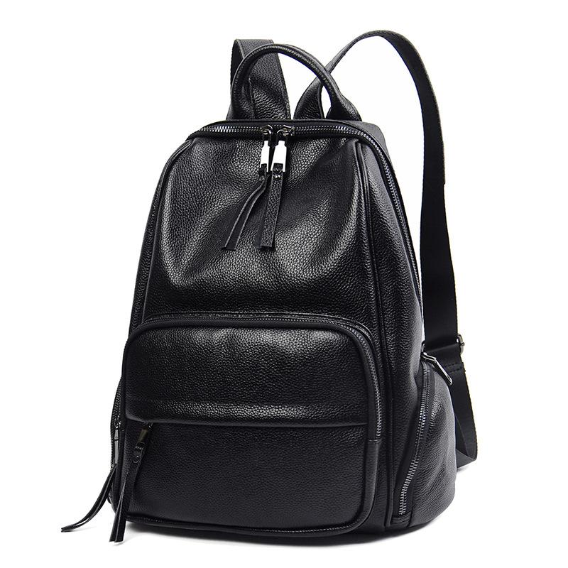 Black Genuine Leather Backpack Women Ladies Real Cow Leather Satchels Fashiable Girls Travel Shouder Bag