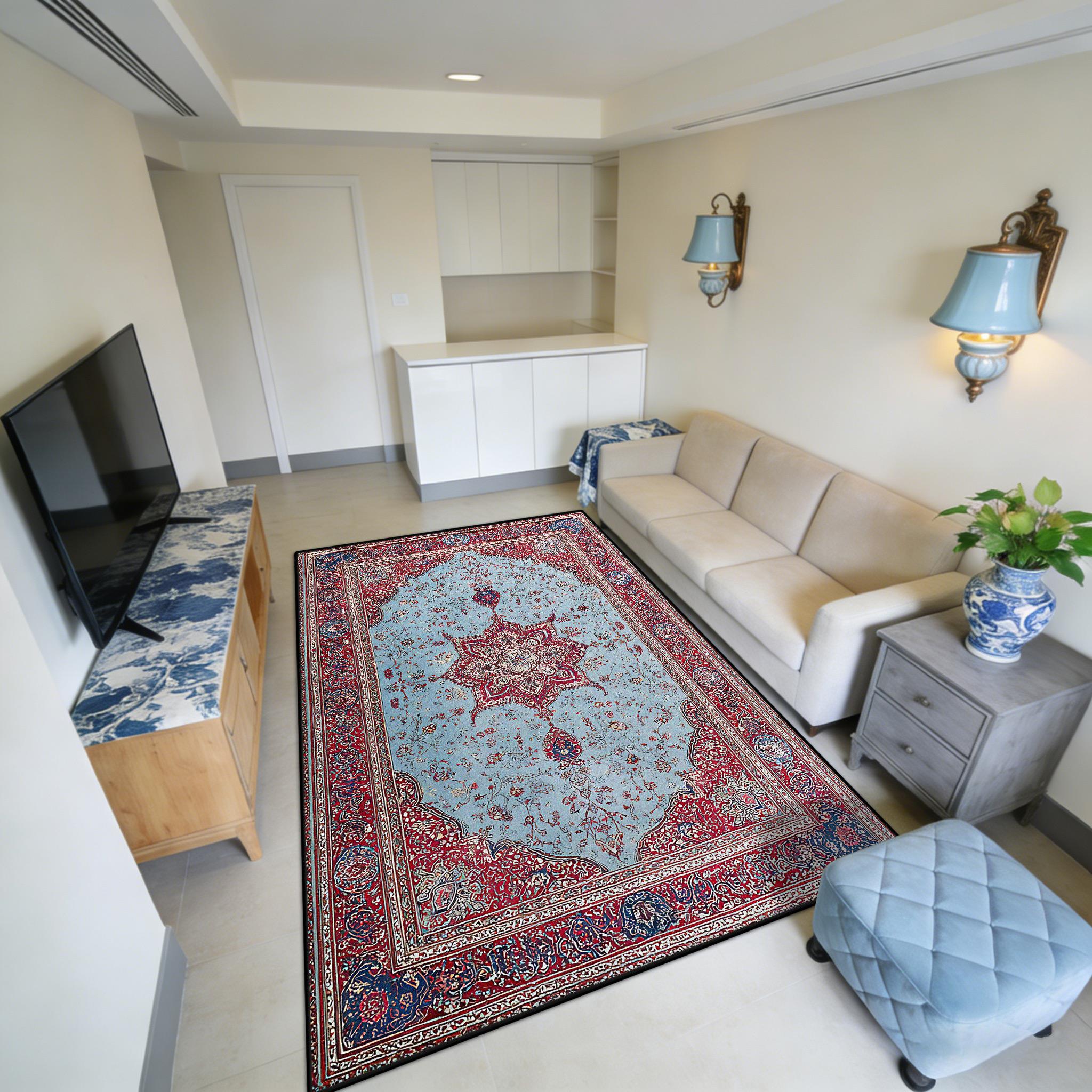 

Blue Distressed Persian Easy Clean Living Room Carpet Large Area Fluffy Antiskid Floor Mats Short Velvet Luxury Dining Area Rug 50x80cm