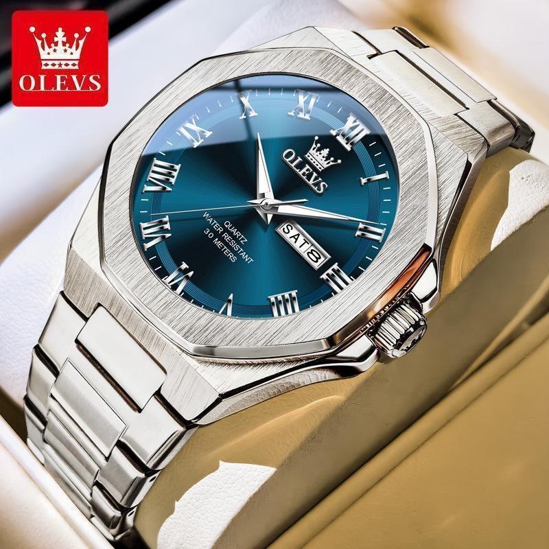 OLEVS Luxury Man Watch Classic Fashion Roman Scale Dual Calendar Waterproof Luminous Stainless Steel Original Quartz Wristwatch