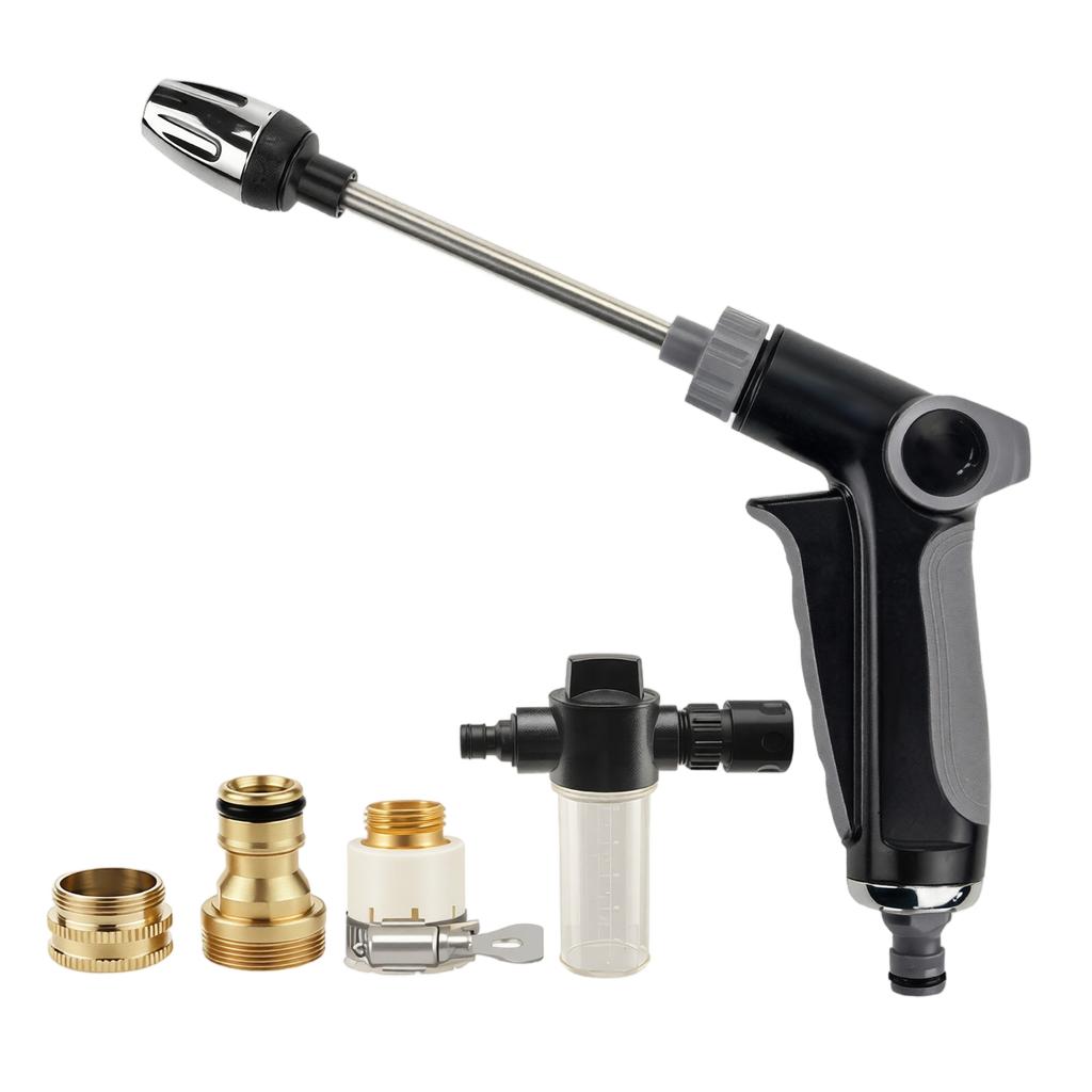 Portable High Pressure Water Gun Car Washer with Foam Bottle and Black Connector Includes Three Brass Adapters for Home Use