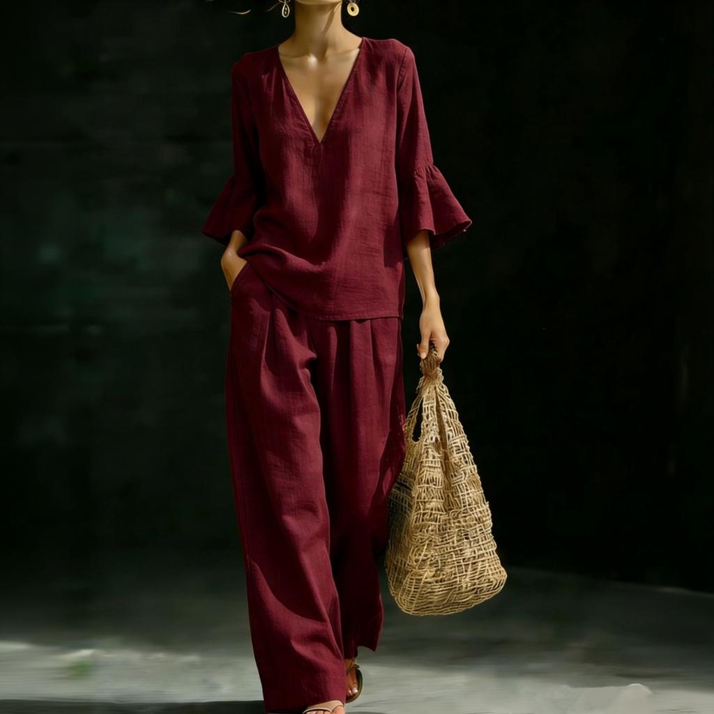 Women's Cotton Linen Two Piece Set V Neck Ruffle Sleeve Top and Loose Fit Casual Wide Leg Pants Lightweight Breathable Outfit