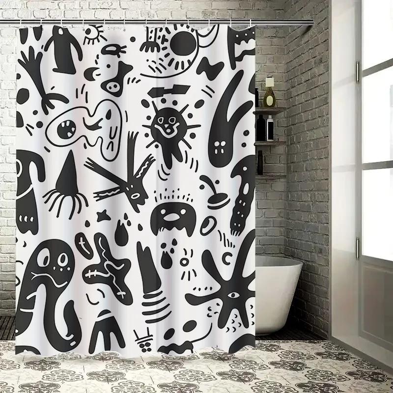 Black White Monster Print Shower Curtain Creative Bathroom Decor for Kids Bathrooms, this product fits well with keywords like