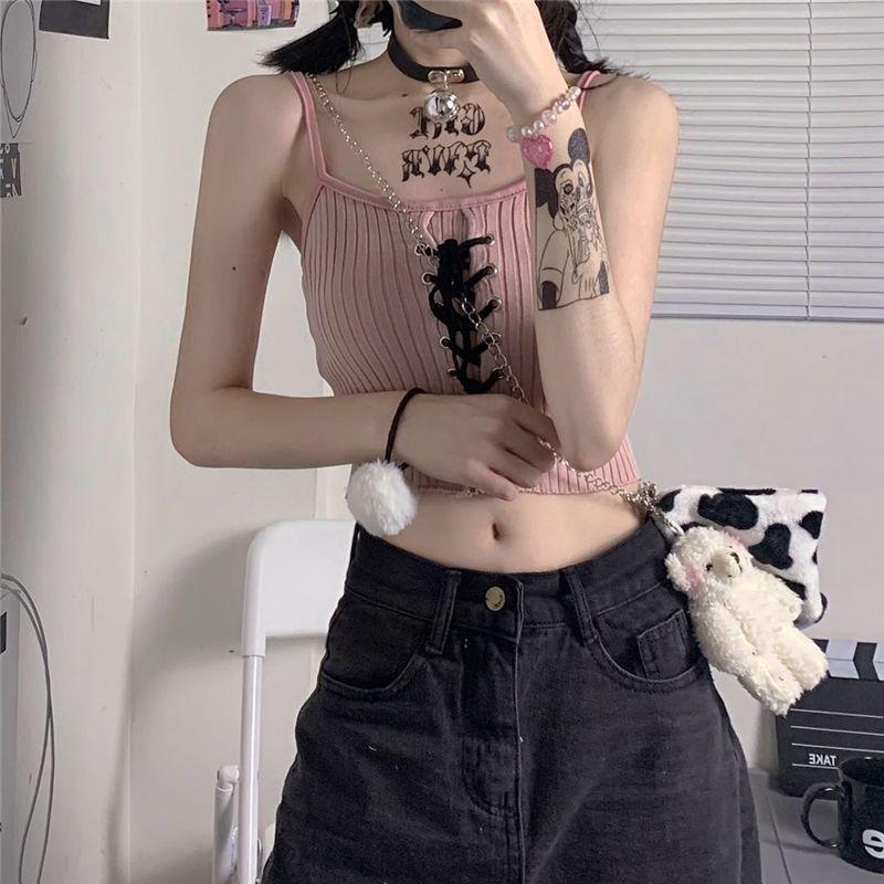 Gothic Grunge Y2k Crop Top bez zad Rukávový Dámský Kawaii Roztomilý Bílý Pletený Tílka Tank Topy Letní Móda Vesta Dámské Šněrovací Oblečení
