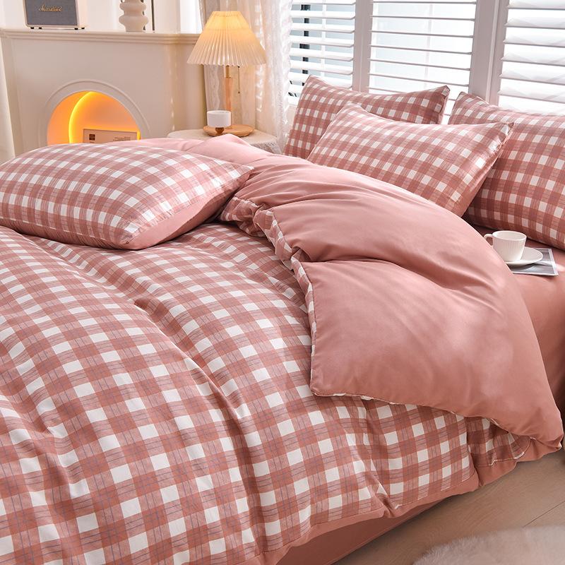 Plaid Solid Color Thickened Brushed Bed Sheet Four-piece Set Quilt Cover Single Piece Washed Cotton Dormitory Bedding Three-piece Set