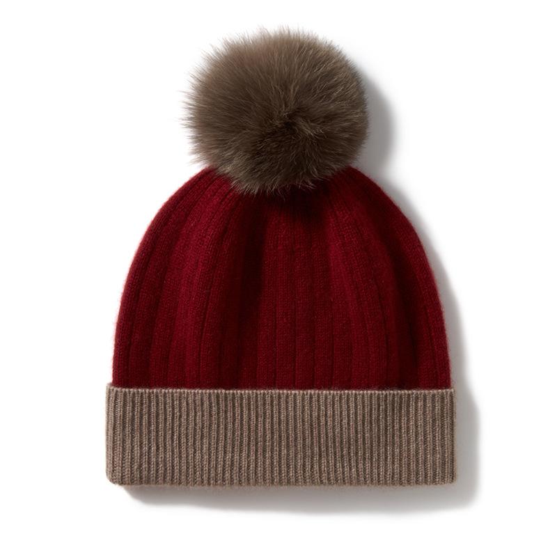 Cashmere Autumn and Winter New Style Women's High End Color Matching Fur Ball Thickened Warm Fashion Knitted Casual Hat