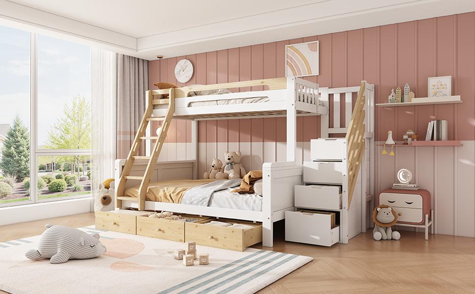 Paturi supraetajate 90x200/140x200 cm alb & natural, pat familial din lemn cu scară de depozitare, scară, 3 sertare sub pat și protecție anti-cădere pentru camera copiilor