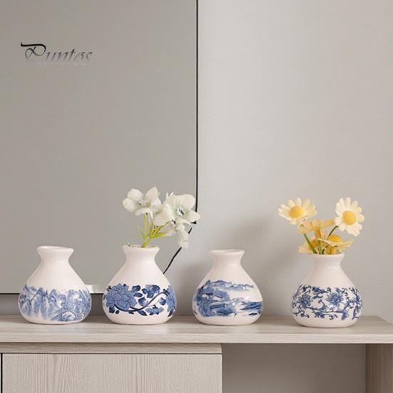 Miniature Flower Pot for Succulents Small Blue and White Porcelains Vase, Mini Chinoiserie Bud Vintage Ceramic Decorative Desktop Planter Oriental
