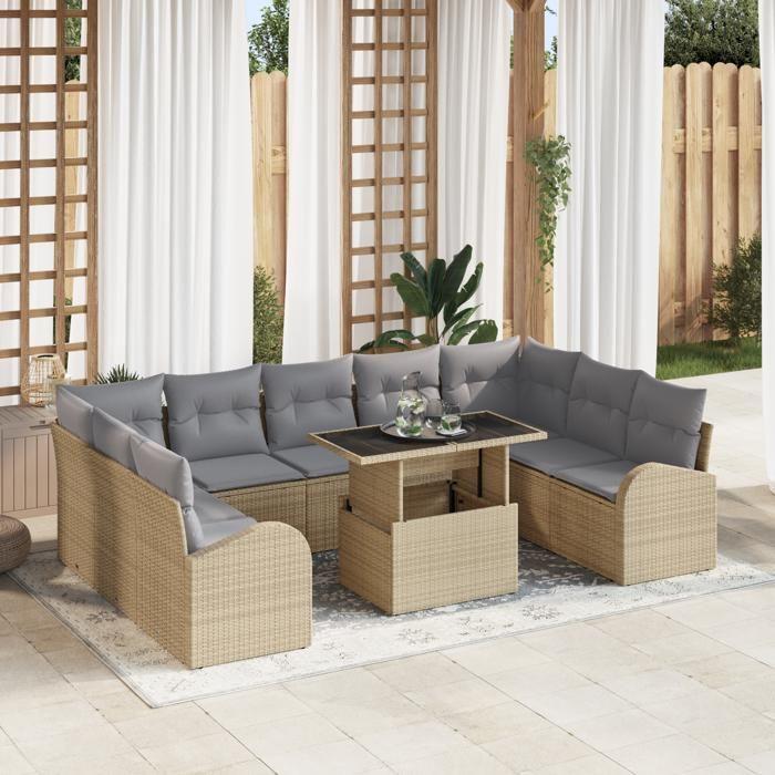 Ensemble de 10 pièces de canapés de jardin avec coussins Beige Rotin Poly, Canapé de jardin 2 places avec rangement 3357443
