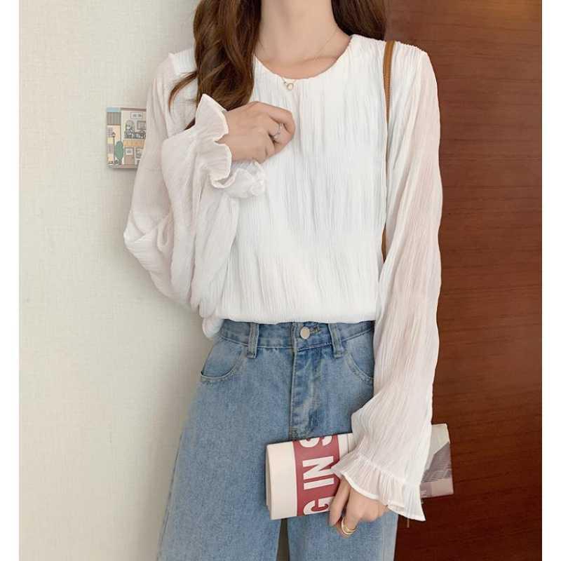 2026 Spring and Autumn New Pleated Chiffon Blouse, Loose and Versatile, Long Sleeve Women's Casual Round Neck Top