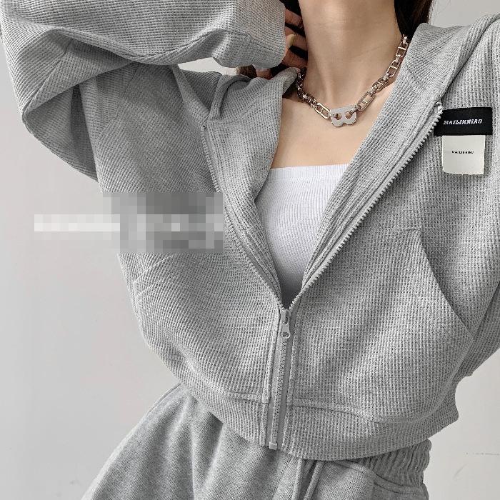 

Женская спортивная толстовка с капюшоном на молнии, однотонная, с пэчворком - тренд осени 2022 в корейском стиле Large светло-серый