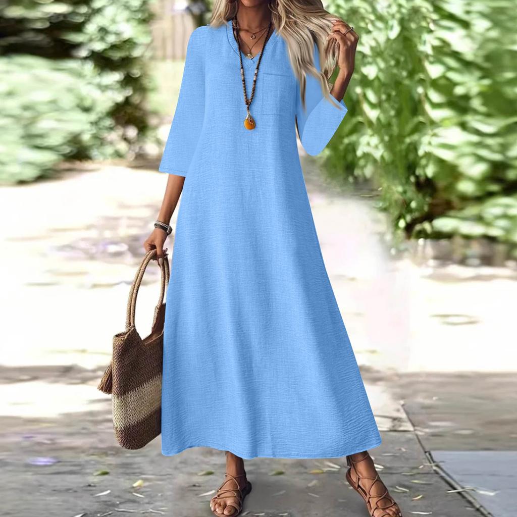 Women's Fashion V-Neck Seven Sleeve Pocket Solid Color Zipper Casual Vacation Long Cotton Linen Dresses