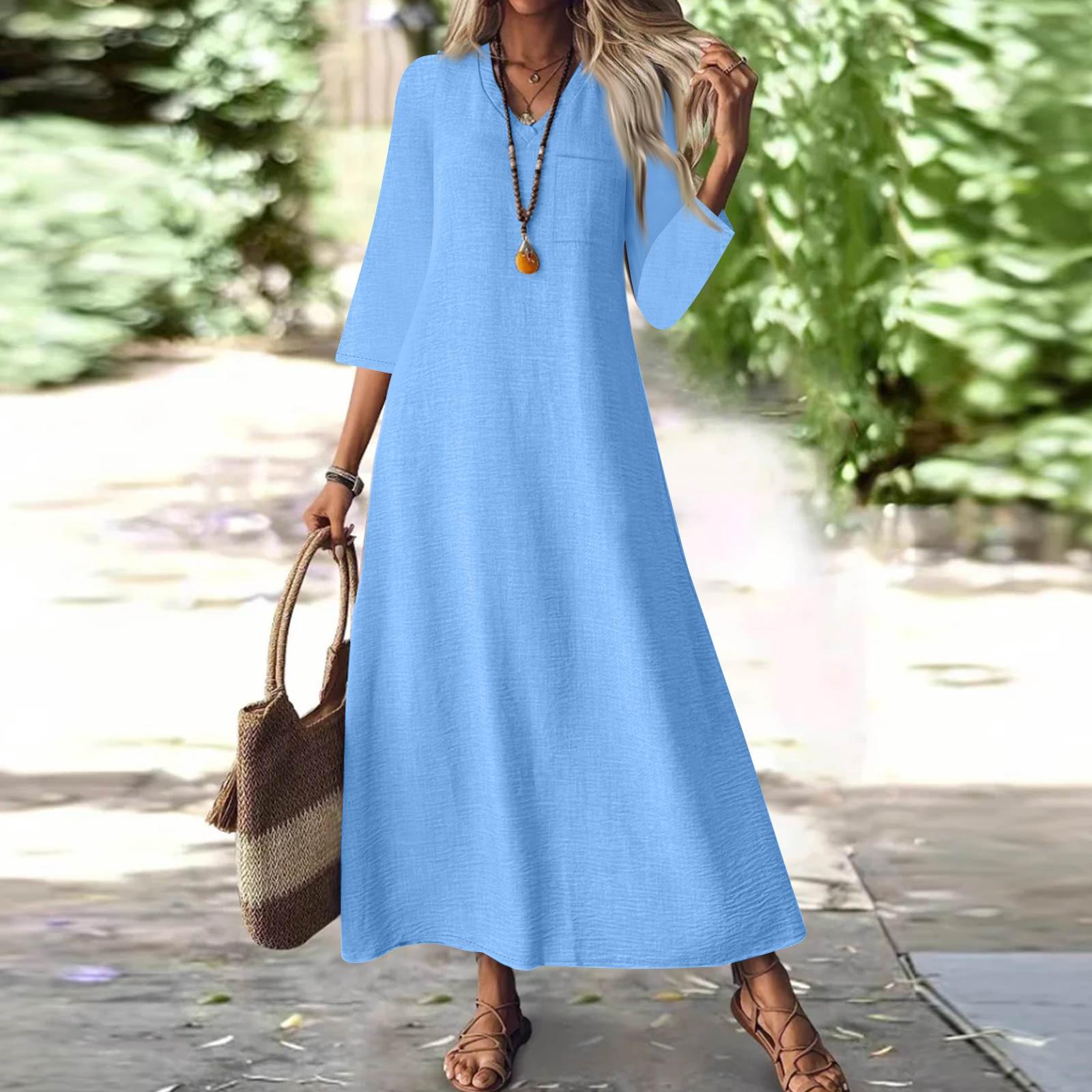 

Женская мода V-образный вырез рукав семь карман однотонный молния повседневный отпуск длинные хлопково-льняные платья XL