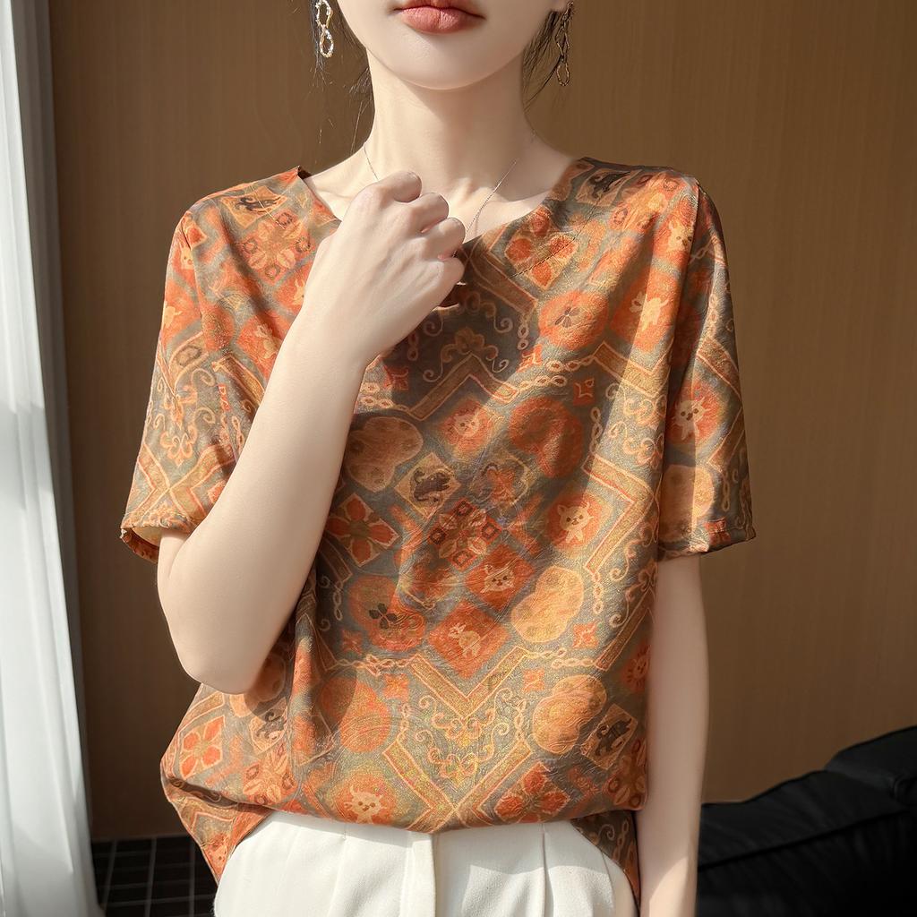 Traditional Chinese Pattern Stretchable Short-sleeved Women's Round-neck Versatile Stylish Loose-fitting Slimming T-shirt Top