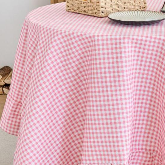 Tablecloth Farmhouse Style Plaid Pattern Ruffled Edge Tablecloth Round Shape Soft Cotton Linen Fabric Cloth Table Cover