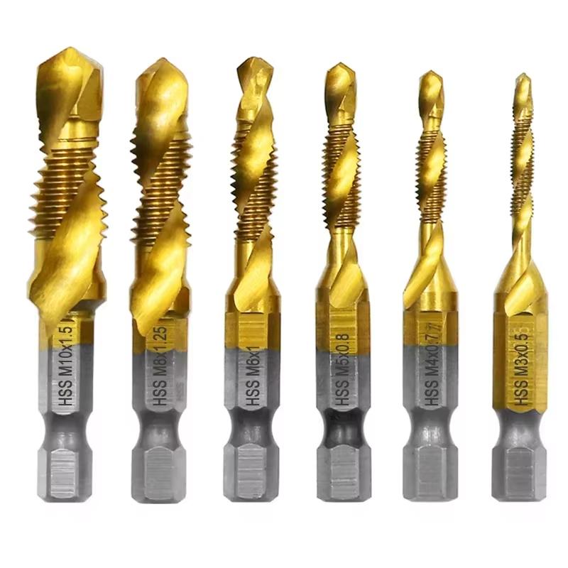 

6pcs/set Hex Shank Hss High Speed Steel Titanium Plated Drillmetric Thread Tap Drill Bits Set m3 m4 m5 m6 m8 m10 for Metal Wood