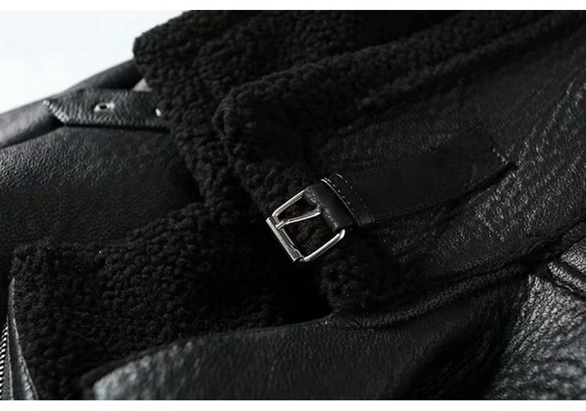 Women's Mid-length Lambswool Leather Motorcycle Jacket - European & American Winter Style