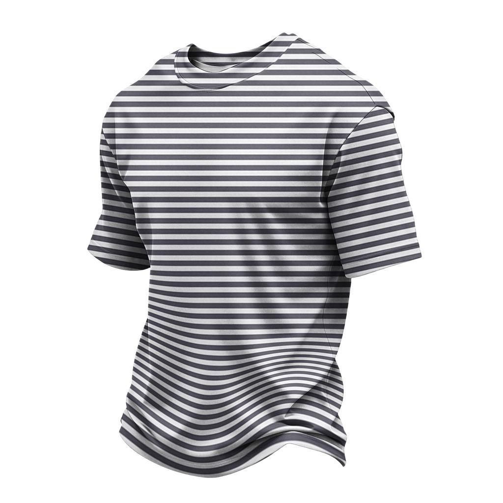 Men's Casual Quick-Dry Short Sleeve Shirt with Round Neck Lightweight Mesh and Striped Design
