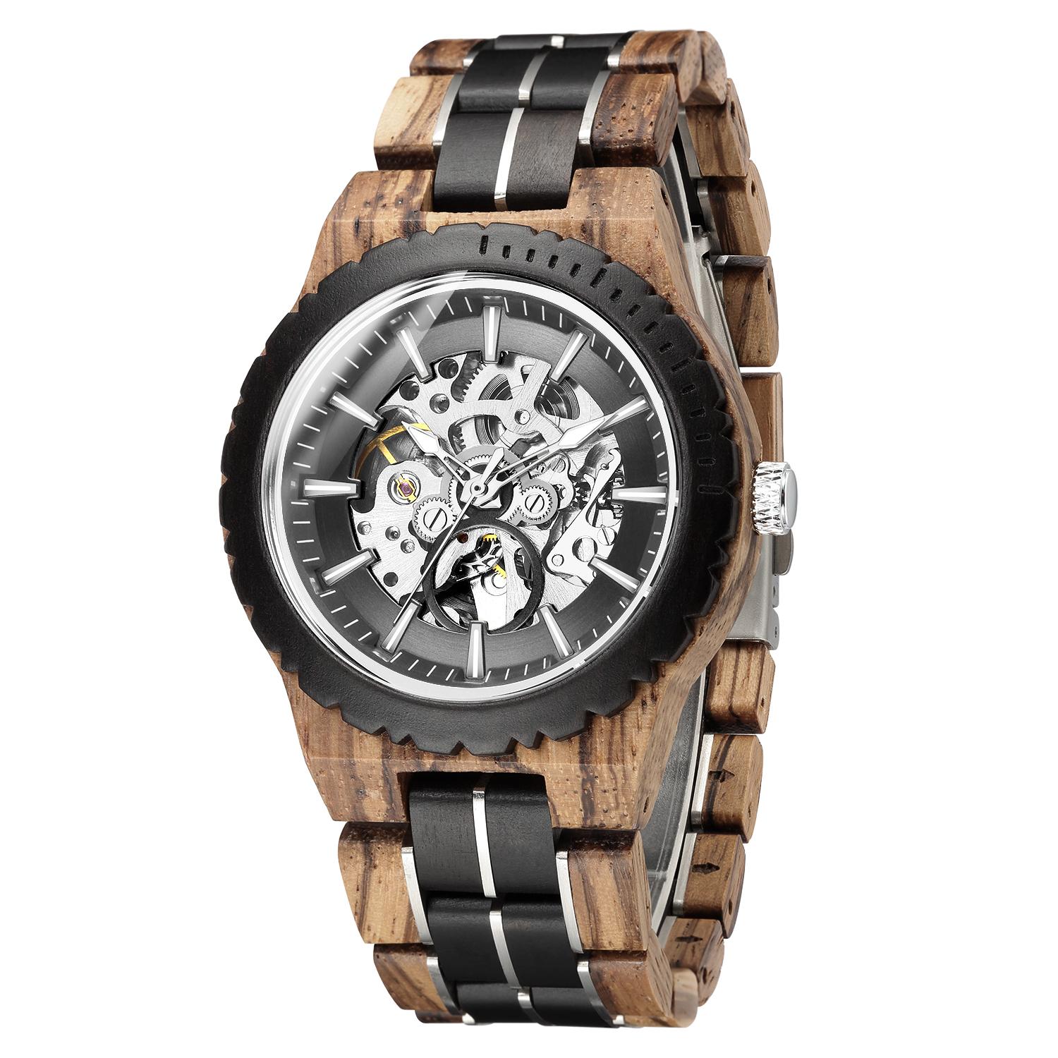 

Business Men Hollowed Mechanical Wood Watches Men s Dial Folding Buckle Automatic Luxury Fashion Watches чорний