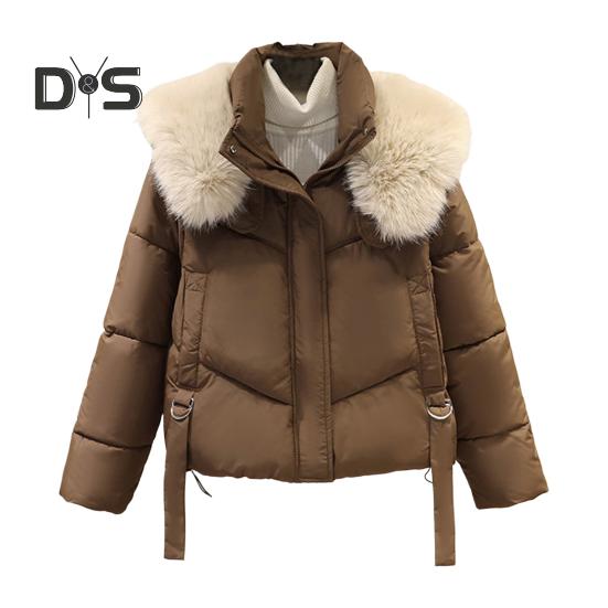 

Зимнее пуховое пальто с подкладкой из меха, капюшоном, воротником-стойкой, карманами, застегивающейся на молнию, паркой с декоративными ремешками, ветрозащитной, сохраняющей тепло, повседневной верхней одеждой для холодной погоды, хлопковой курткой M кофе