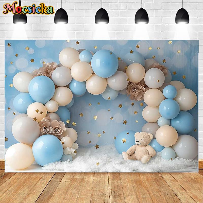 Mocsicka Photography Background Baby Shower Cake Smash Kids Birthday Party Arched Balloon Bear Cloud Decor Backdrop Photo Studio