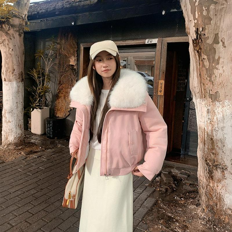 Lamb Wool Big Fur Collar Women's Short High-end Sense of Socialite Temperament Small Winter Down Cotton Coat