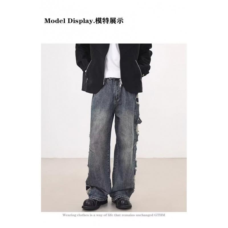 JYL Men's Straight Jeans American Ripped Vintage Loose Wide-Leg Denim