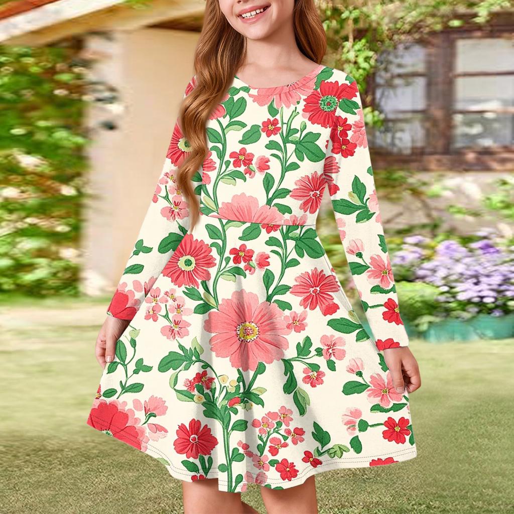 Girls' Summer Princess Dress - Long Sleeve A-Line T-Shirt Dress