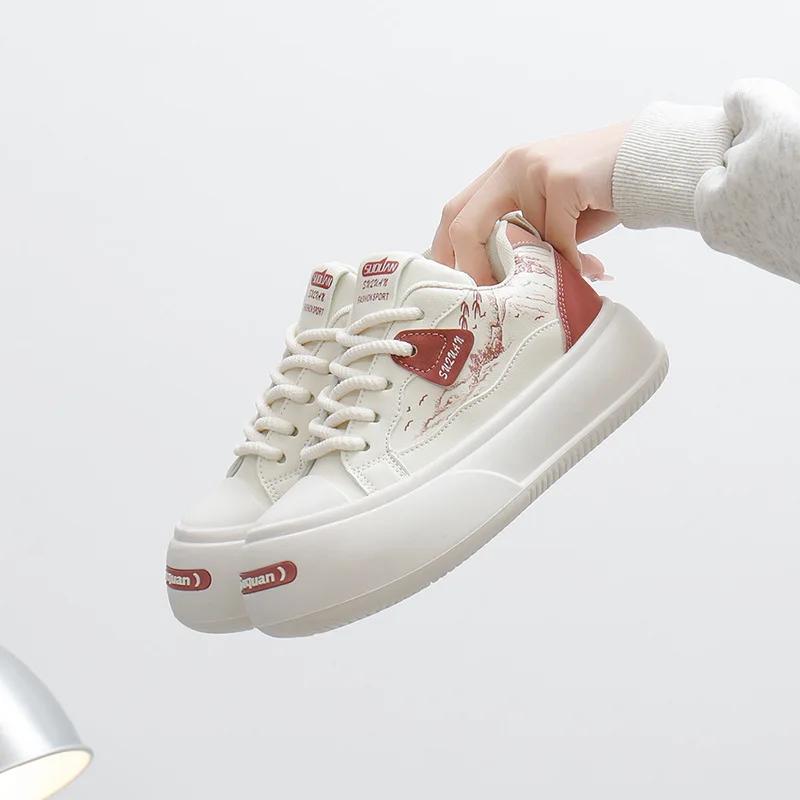 Women's Breathable Board Shoes Spring Thick Soft Sole Lightweight Sneakers Female Casual Platform Lace Up Flats  Mujer