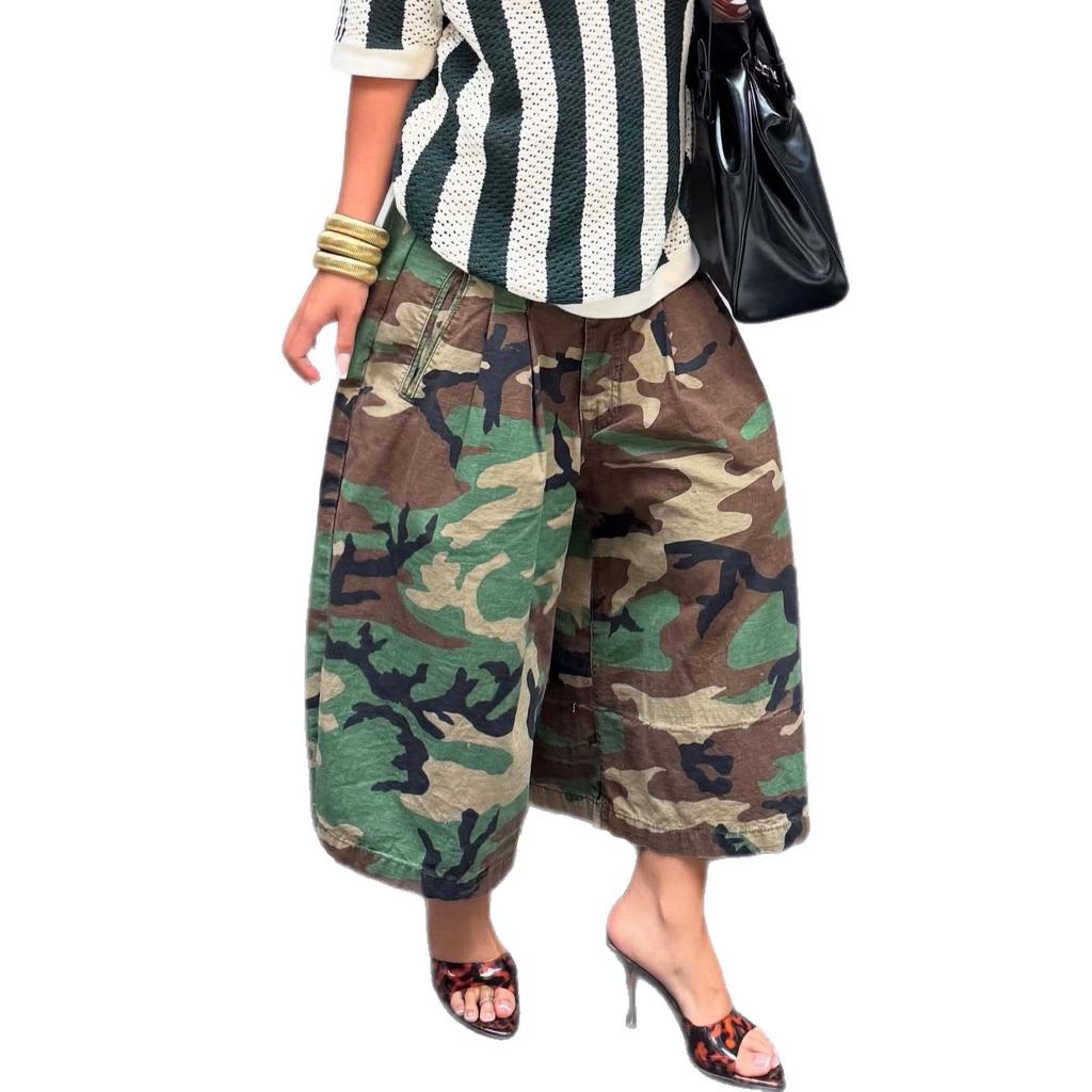 Pantaloni da donna a vita alta mimetici a gamba larga