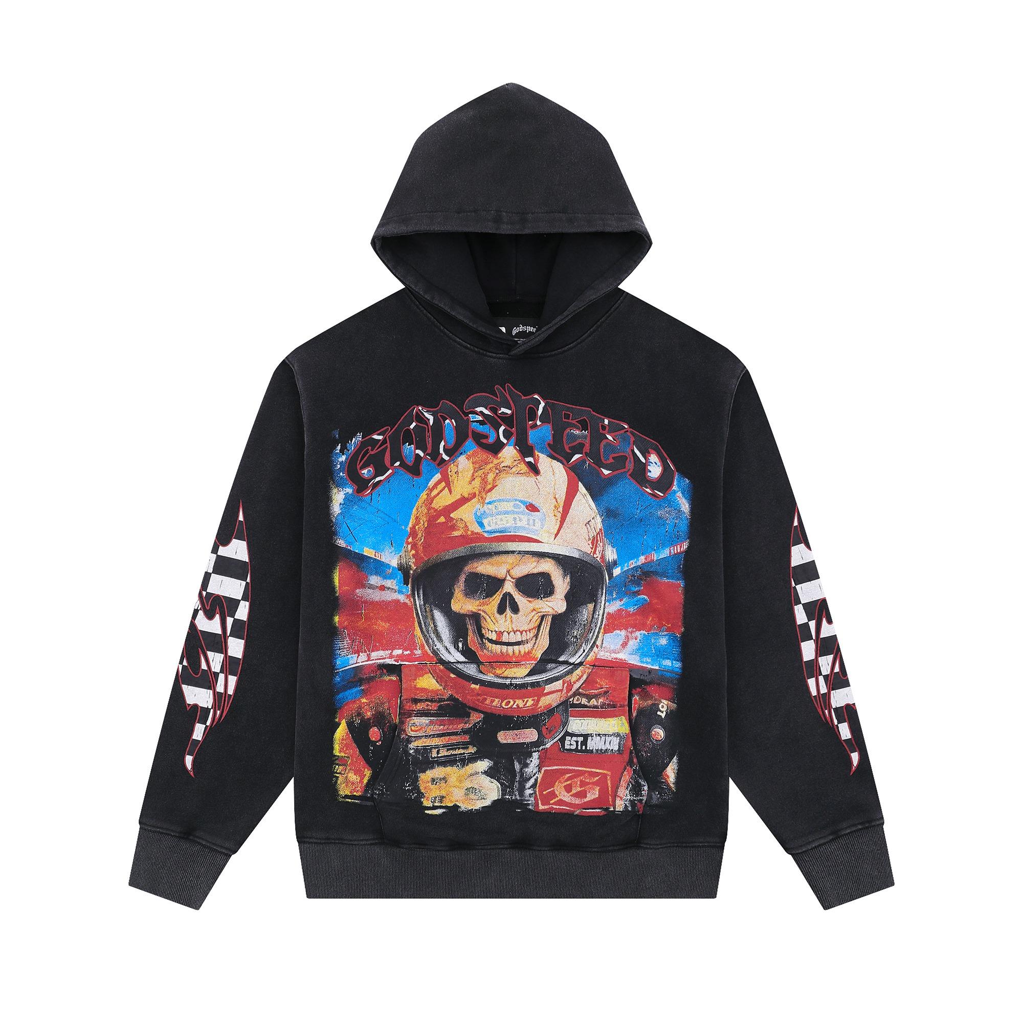 

Vintage Washed Racing Skull Checkered Sleeve Hip Hop Hoodie Men s and Women s Pullovers XL