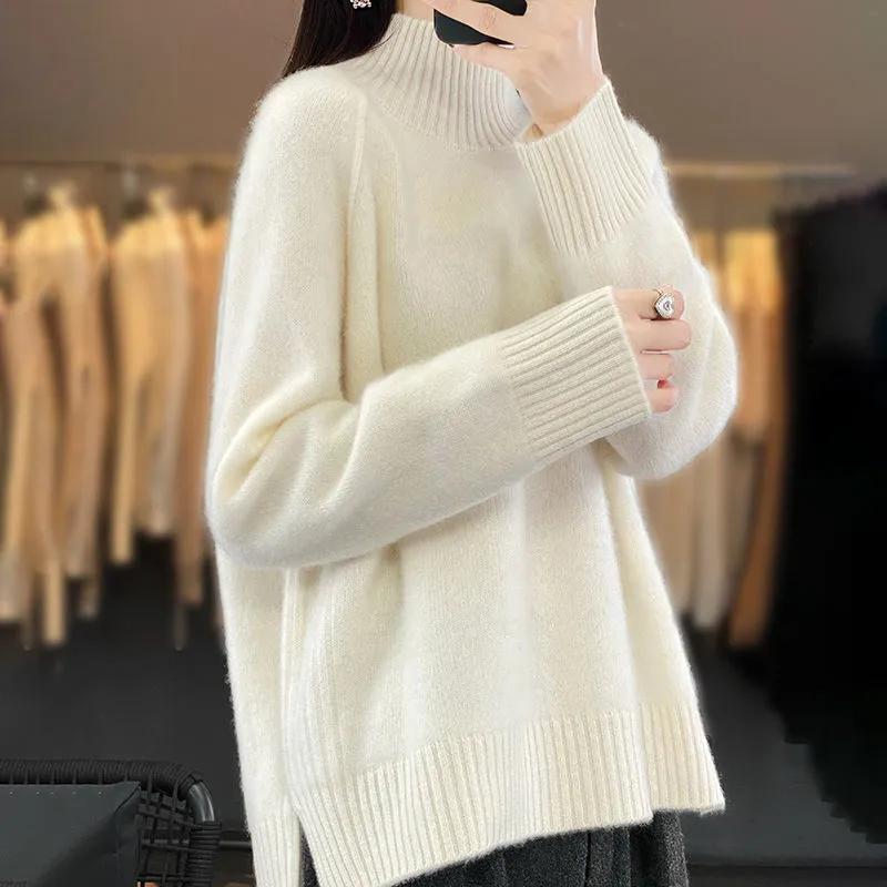 Autumn and Winter  Women's High-Necked Cashmere Sweater Soft Thickened Lazy Raglan Sweater with Slit  Pullover Loose Top