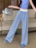 Women Plaid Wide Leg Pants High Waist Drawstring Straight Trousers Summer Draped Floor-Length Casual Pants