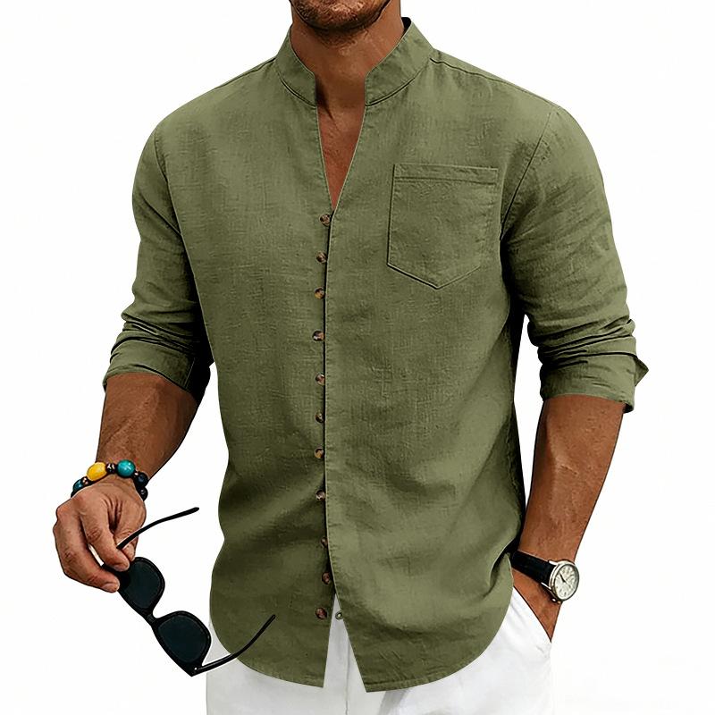 Mens Stand Collar Solid Color Loose Casual Long Sleeve Shirt
