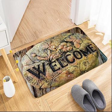 Rustic Stone Welcome Doormat Vintage Floral Carved Stone Pattern Non-Slip Entrance Rug Farmhouse Cottage Style Decorative Carpet 40x60cm 16x24 inch