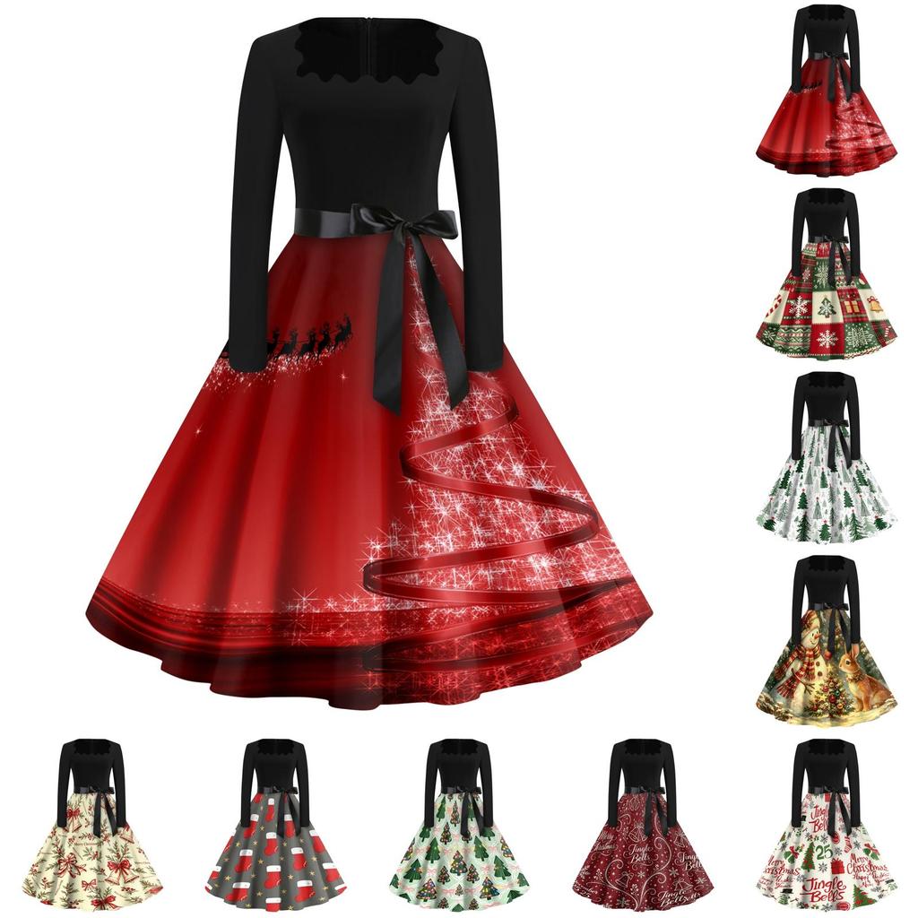 Women's Casual Vintage Dress with Square Neck and Christmas Print for Holiday Party